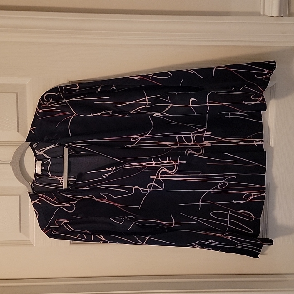 Ecru Abstract Art Ecru Navy Blue long sleeve V-neck Blouse Sz L